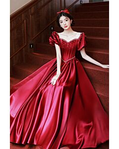 Crimson Puff-Sleeve Satin Princess Gown – Perfect for Weddings and Fairy-Tale Occasions