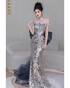 Silver Sequin Strapless Mermaid Gown with Dramatic Tulle Back – Perfect for Gala and Red Carpet Events