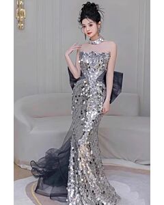 Moonlight Mirage – Strapless Paillette Mermaid Gown with Bow Back