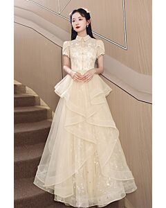 Champagne Collared Tiered Tulle Ball Gown – Perfect for Weddings and Formal Events