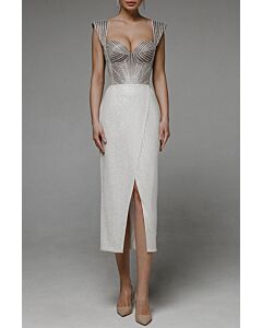 Silver and White Beaded Bodice Midi Dress with Front Slit