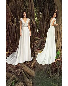 Lace V-Neck Pleated Ball Gown with Long Train for Formal Events