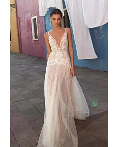 Deep V-Neck Lace Sheath Gown with Long Train for Evening Events