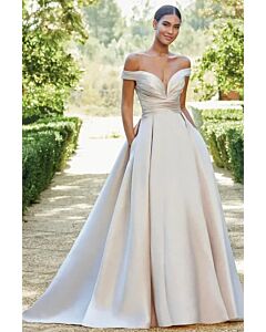 Off-the-Shoulder Satin Ball Gown with Long Train for Formal Events