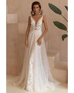 Deep V-Neck Lace A-Line Gown with Long Train for Evening Events