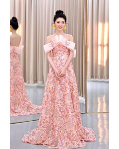 Floral Embroidered Pink Gown with Elegant Bow Detail – A Showstopper for Special Occasions