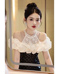 Noir Elegance – Off-Shoulder Sequin Gown with Ruffled Neckline