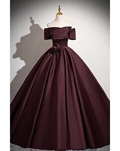 Plum Off-Shoulder Ball Gown with Rose Accent – Perfect for Weddings and Formal Galas