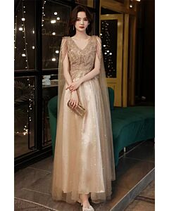 Golden Elegance Beaded Tulle Gown – V-Neck Evening Dress with Draped Sleeves