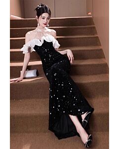 Starry Enchantment – Off-Shoulder Sequin Gown with Ruffled Collar