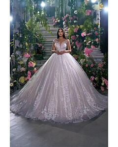 Illusion Neckline Lace Ball Gown with Long Train for Formal Events