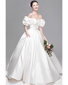 Romantic Off-Shoulder Satin Ball Gown with Puff Sleeves and Flowing Skirt