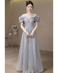 Silver Shimmer Off-Shoulder A-Line Gown with Ruffle Sleeves – Perfect for Weddings and Formal Events