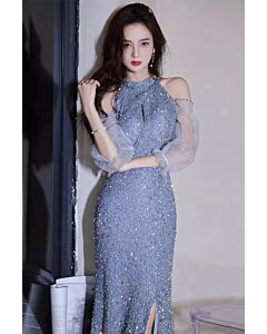 Dusty Blue Halter Cold-Shoulder Sequin Gown with Sheer Sleeves and High Slit – Perfect for Evening Events