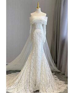 Elegant Off-Shoulder White Lace Wedding Gown with Sheer Train and Long Sleeves