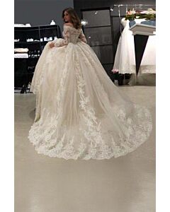 Lace Sleeve Ball Gown with Illusion Neckline and Long Train for Formal Events