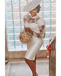 Lace Illusion Neckline Short Dress with Long Sleeves for Formal Events