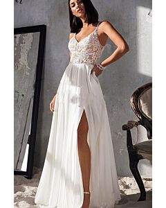 Lace Illusion Back A-Line Gown with Long Train for Formal Events