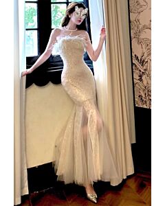 Champagne Feather Strapless Mermaid Gown with Tulle Hem – Perfect for Evening Soirées