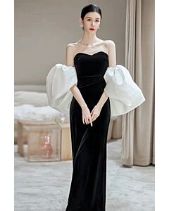Black Velvet Strapless Gown with Dramatic White Puff Sleeves – Perfect for Formal Galas
