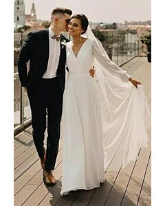 Long-Sleeve V-Neck Flowy Gown with Long Train for Formal Events