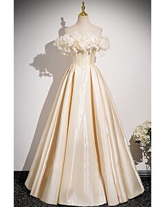 Ivory Satin Off-Shoulder Gown with Floral Detailing – Elegant and Timeless for Special Occasions