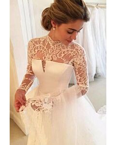 High-Neck Lace Long-Sleeve Ball Gown with Long Train for Formal Events