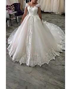 Lace Cap Sleeve Ball Gown with Long Train for Formal Events