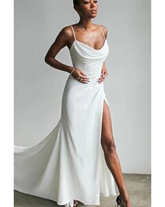 Satin Cowl Neck Gown with High Slit and Long Train for Formal Events