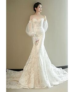 Ivory Lace Off-Shoulder Mermaid Gown with Sheer Sleeves – Perfect for Modern Brides