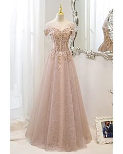 Blush Pink Off-Shoulder Floral Embellished Gown with Tulle Skirt – Perfect for Weddings and Formal Events