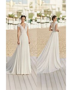 Lace Illusion Neckline Flowy Maxi Dress with Long Train for Beach Weddings