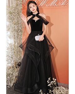 Glamorous Black Halter Velvet and Tulle Gown with Rhinestone Accents – Perfect for Evening Galas