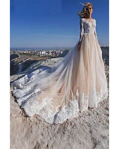 Long-Sleeve Lace Tulle Ball Gown with Long Train for Evening Events