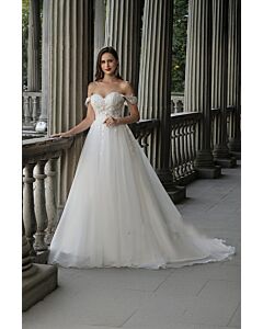 Off Shoulder Lace Bodice Ball Gown with Long Train for Formal Events