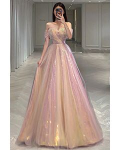 Aurora Glow Off-Shoulder Gown – Iridescent Tulle Ballgown
