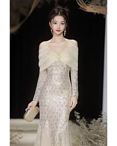 Glamorous Off-Shoulder Gold Sequined Gown with Elegant Cape Overlay for Special Occasions