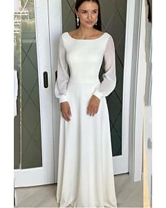 Boat Neck Long Sleeve A-Line Gown with Long Train for Formal Events