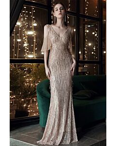 Elegant Champagne Cold-Shoulder Evening Gown – Luxe Sequin Beaded Dress for Gala & Formal Events