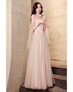 Blush Tulle A-Line Gown with Bow Straps – Perfect for Weddings and Evening Events