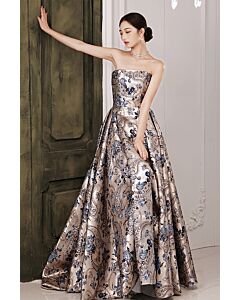 Metallic Floral Brocade Strapless Ball Gown – Perfect for Formal Events and Galas