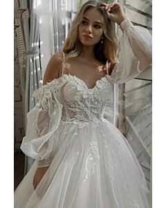 Off-the-Shoulder Lace Ball Gown with Long Train for Formal 
