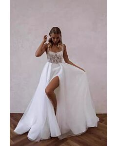 Sleeveless Lace Bodice Ball Gown with High Slit for Formal Events