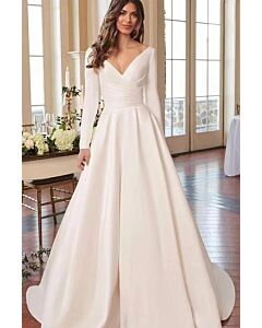 V-Neck Long Sleeve A-Line Gown with Long Train for Evening Events