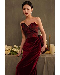 Crimson Embroidered Velvet Strapless Gown – Perfect for Evening Galas and Formal Occasions