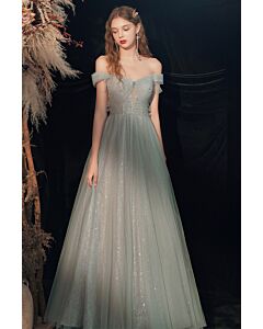 Sage Green Sparkling Off-Shoulder Tulle Gown – Perfect for Weddings and Formal Events