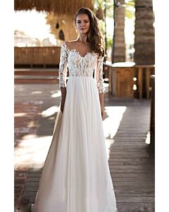  Illusion Neckline Long-Sleeve Tulle Ball Gown with Long Train for Formal Events