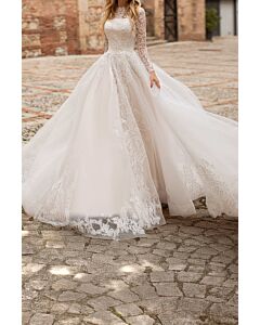 Lace Long Sleeve High-Neck Ball Gown with Long Train for Formal Events