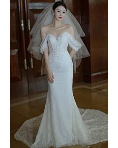 Off-the-Shoulder Lace Mermaid Gown with Long Train for Wedding