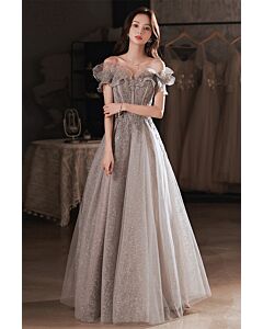 Silver Lace Off-Shoulder Ball Gown with Floral Detailing – Perfect for Weddings and Formal Events